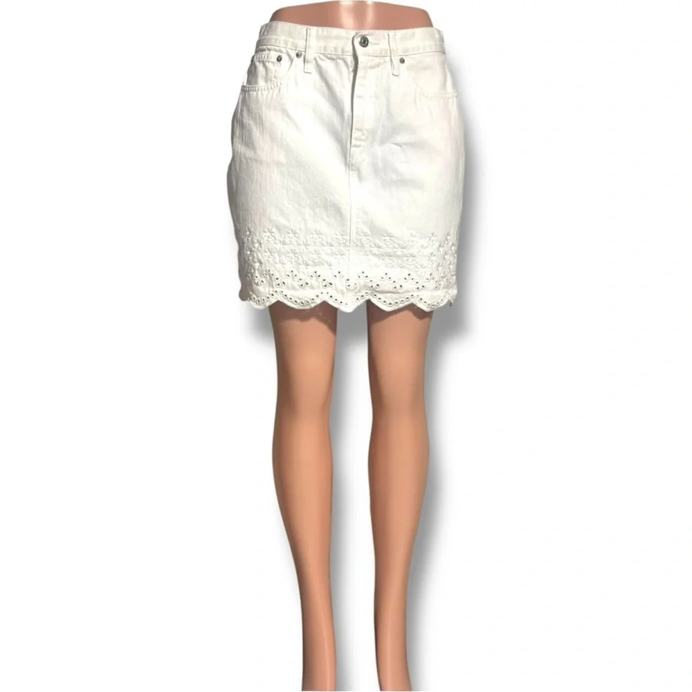 J. Crew White Denim Eyelet Hemline Detail Classic Preppy Feminine Mini Skirt - Picture 3 of 16